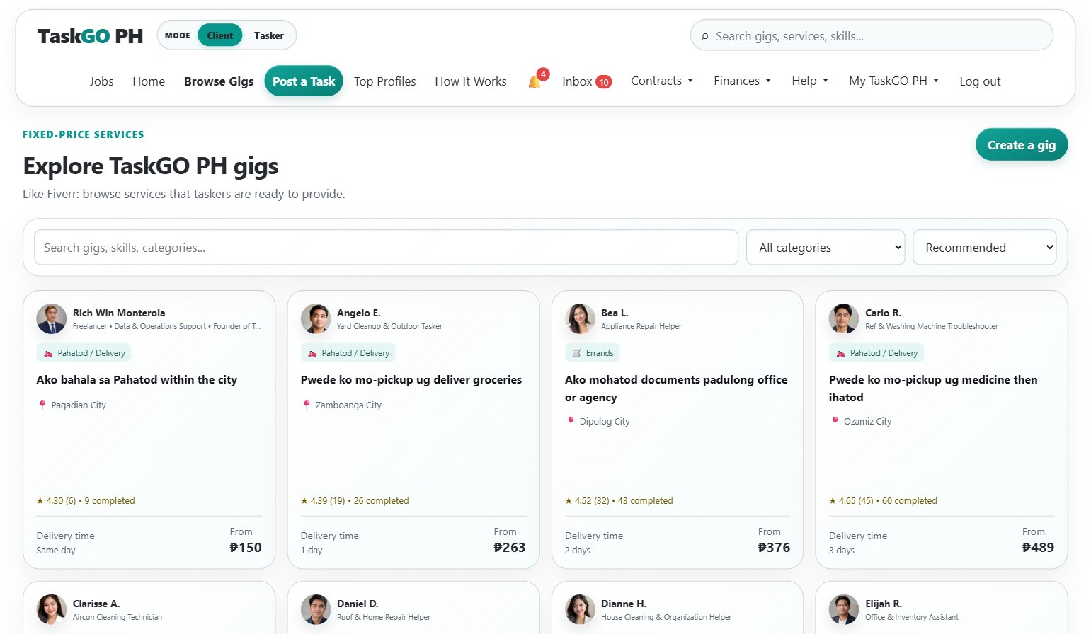 Client Browse Gigs page showing local service cards with tasker photos, ratings, and starting prices.