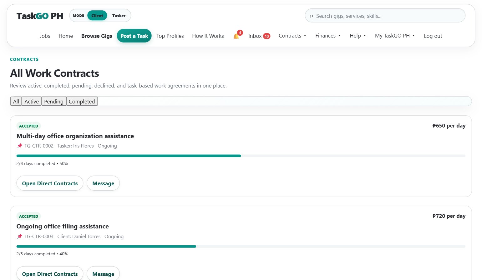 All Work Contracts showing an accepted office-organization contract at 650 pesos per day, with two of four days completed and 50 percent progress.